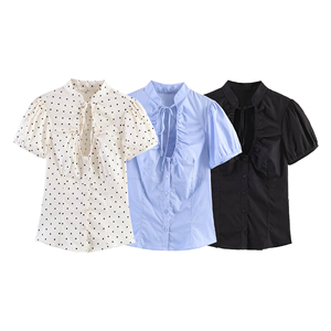 <span class=keywords><strong>Camicia</strong></span> Elegante da <span class=keywords><strong>Donna</strong></span> con Fiocco in Popeline, Manica Corta, Vestibilità <span class=keywords><strong>Slim</strong></span>, Colletto Rovesciato, Blusa Casual Personalizzabile OEM con Bottoni - Product Image 1