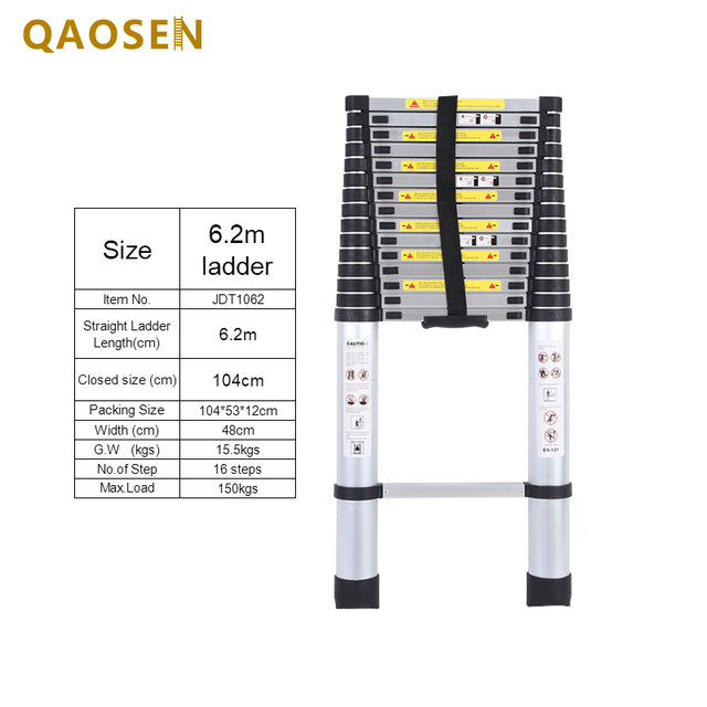 New 6.2M Single Telescopic Aluminum Ladder 16 Steps Industrial Outdoor Ningbo Free Spare Parts Folding Ladders Carton Silver EN