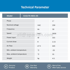 G1G170-AB31-03 230VAC 5650RPM 315W 2.15A 645m/h EC Condensing Premix <b>Heating</b> Gas Aluminum Blades Free Standing OEM Centrifugal - Product Image 3
