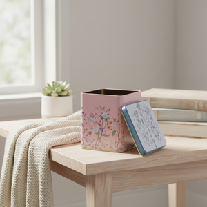 Pastel Pink Floral Design 1.8L Slip <b>Lid</b> Tin <b>Box</b> 120x120x137mm Square <b>Decorative</b> Storage <b>with</b> Slip <b>Lid</b> - Product Image 3