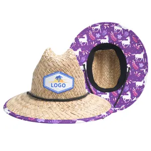 Sombrero de paja con logotipo personalizado para bebé, paja de playa con diseño inferior de tela, césped Natural para niño y niña