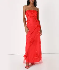 2023 Custom Elegant Women Red Floral Strapless Maxi Dress