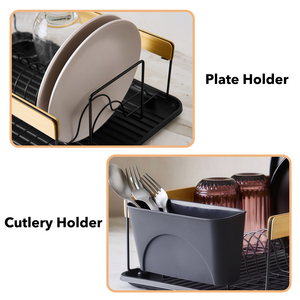Escurridor de Platos para Encimera de Cocina, Marco de Bambú, <span class=keywords><strong>Metal</strong></span> Grueso, Escurridor de Platos Pequeño con Porta Cuchillos y Tenedores, Bandeja de Drenaje Extraíble, Negro - Product Image 3