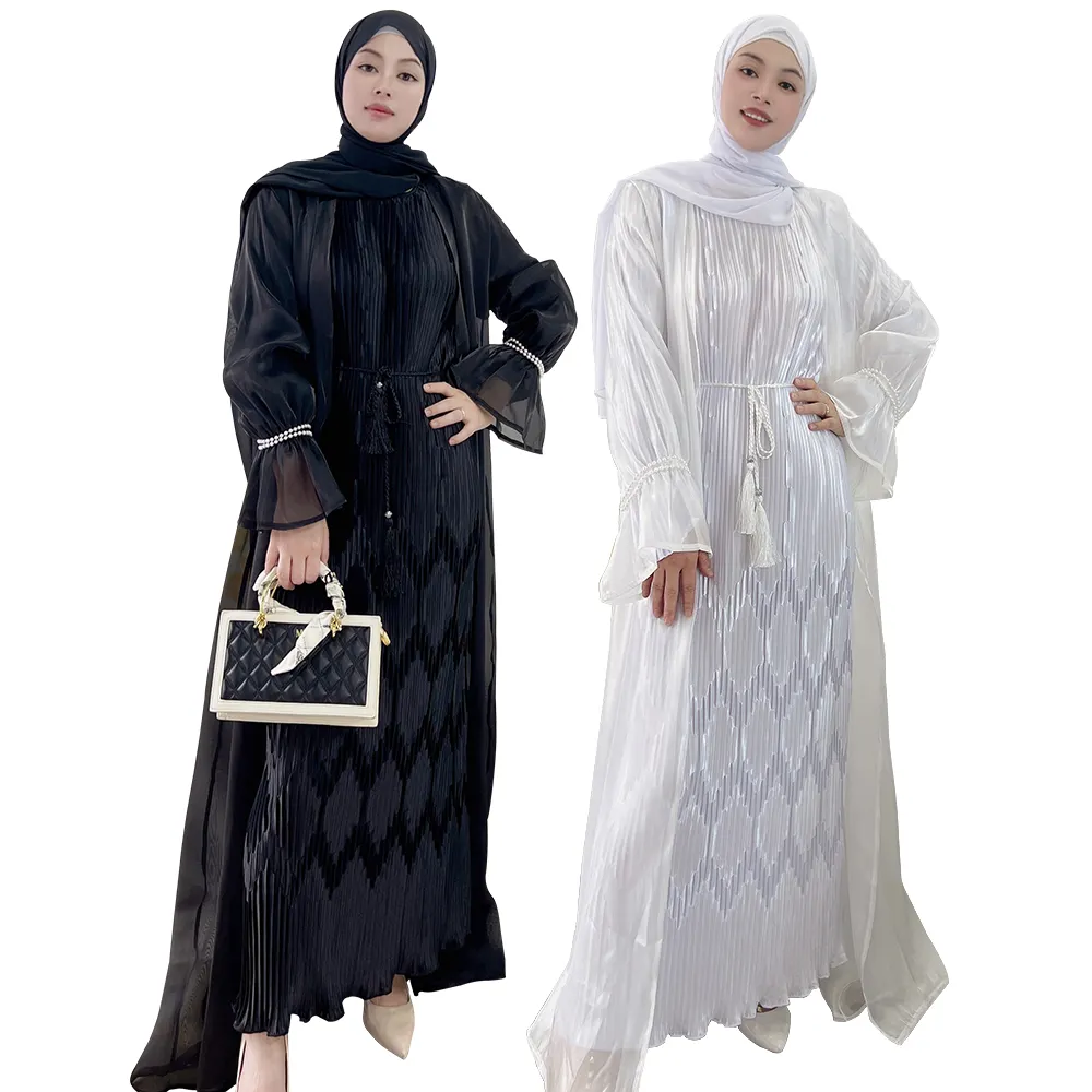 Elegante Organza brillante tessuto aperto Abaya abbigliamento islamico per donne musulmane Cardigan Abaya Dress