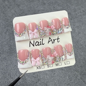 Uñas Postizas Acrílicas Hechas a Mano de Alta Calidad con Diseño de Lazo Dulce, Pato <span class=keywords><strong>Hello</strong></span> <span class=keywords><strong>Kitty</strong></span> y Punta Francesa Brillante, Venta al por Mayor - Product Image 2