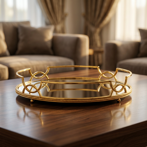 Plateau décoratif ovale en laiton, style glamour, cadre en métal, surface miroir - Product Image 1