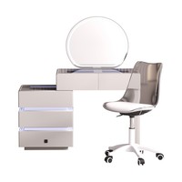 Table de maquillage moderne en bois écologique avec miroir LED, plateau en verre et plusieurs boîtes de rangement pour la chambre à coucher