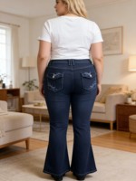 2026 Jeans évasés pour femmes grandes tailles, personnalisés, en denim brodé, taille haute, extensibles, coupe bootcut, OEM