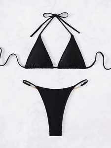 And New Thong <b>Letter</b> and Chain Detail Short Top Split Triangle Package Gathering Swimsuit - Product Image 3
