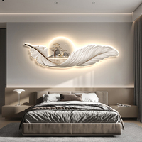 Peinture Décorative Moderne pour Salon, Peinture Murale à Plumes avec Éclairage LED, Décoration de Fond de Canapé