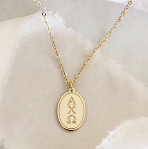 Collier pendentif ovale en acier inoxydable, lettres grecques personnalisées pour sororité, bijoux minimalistes délicats, cadeaux de bienvenue pour filles - Product Image 2