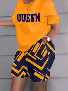 Ensemble décontracté d'été pour <span class=keywords><strong>femme</strong></span> : T-shirt court et <span class=keywords><strong>short</strong></span> assorti en polyester, anti-boulochage - Product Image 2