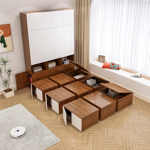 Ensemble de meubles de chambre à coucher modulaires en bois pour petits appartements, lit de rangement multifonctionnel moderne avec armoire et tiroirs - Product Image 5