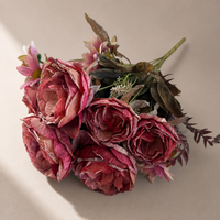 Bouquet de roses artificielles Austin vintage à bords brûlés, 9 têtes, fleurs en soie rétro, fausse composition florale mixte pour la décoration de la maison et de mariage
