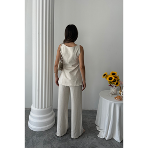 Conjunto de chaleco y pantalón de lino para mujer, sin mangas, pantalón de pierna ancha, atuendo informal, estilo veraniego - Product Image 1