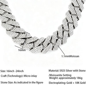 16mm Moissanit Cuban Link Halskette, Rhodium-Plattiertes S925 Silber, 16-<span class=keywords><strong>24</strong></span> Zoll, Valentinstagsgeschenk für Männer - Product Image 3