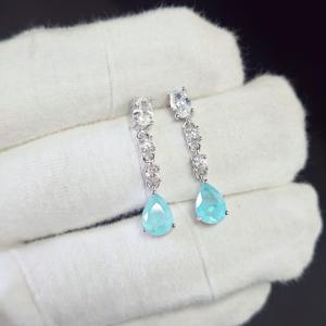 أقراط متدلية مجوهرات من الفضة الإسترلينية مضادة للحساسية مع أحجار كريمة زرقاء على شكل دمعة وثلاثة أحجار زركونيا شفافة للنساء - Product Image 6
