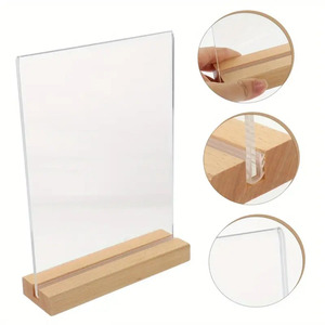 Letrero de acrílico transparente con base de madera en forma de T, soportes verticales de acrílico en blanco, pantalla de escritorio, marco de menú de plástico Doble - Product Image 6