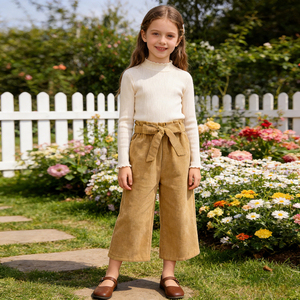 Celana Panjang Anak Perempuan Warna Khaki Model Kaki Lebar Bahan Corduroy dengan Sabuk Produsen Cina Grosir Celana Jogging Anak Katun - Product Image 3
