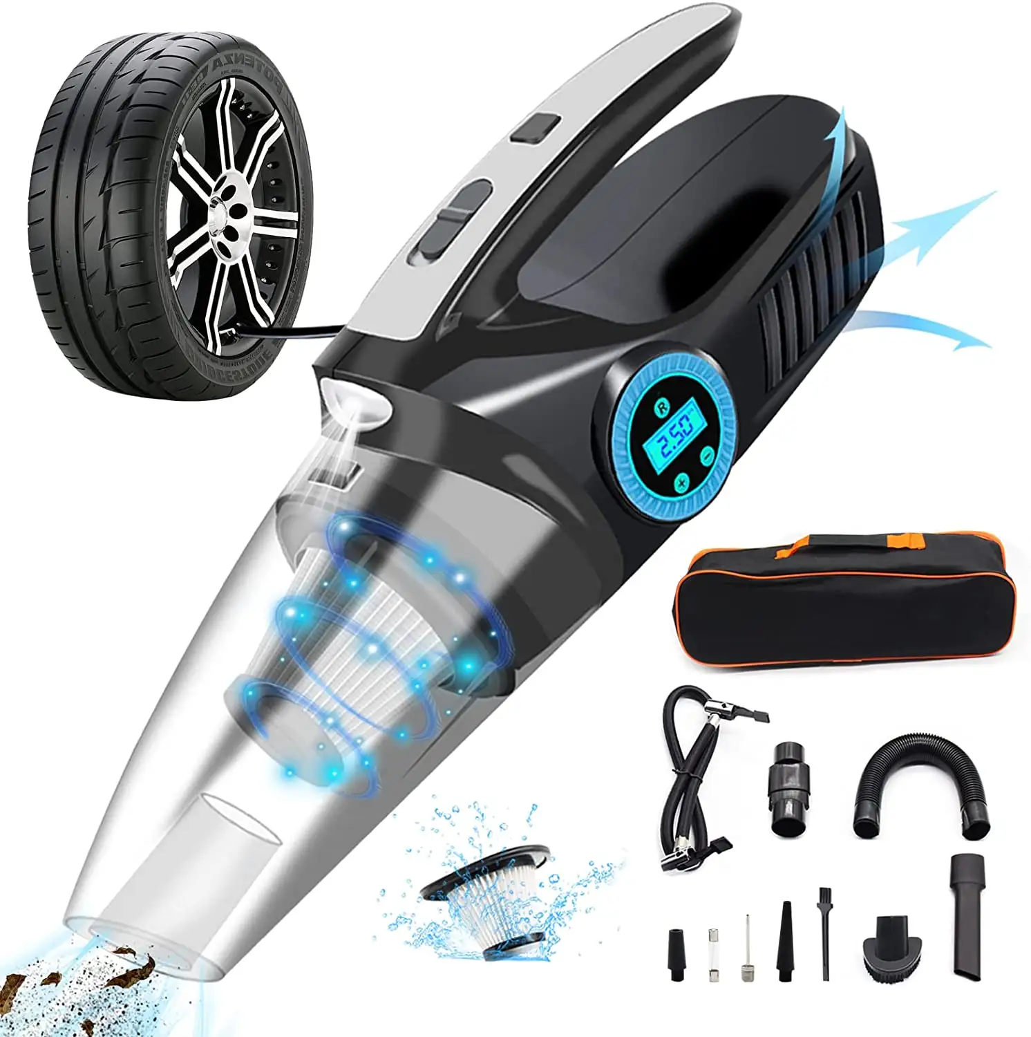 Vacuum Cleaner Tire Inflator Pump Car Powerful Handheld Vacuum Cleaner 12V Pressure Measurement with LED Lighting
