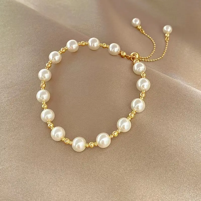 Perhiasan trendi gelang mutiara berlapis emas gelang rantai manik-manik mutiara palsu untuk wanita