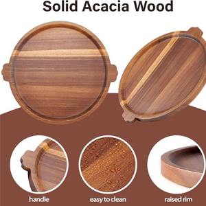 Plateau <span class=keywords><strong>de</strong></span> service rond en <span class=keywords><strong>bois</strong></span> d'acacia avec poignées, idéal pour le petit-déjeuner, la cuisine moderne, les fêtes et les collations – Vente en gros - Product Image 2