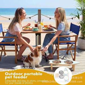 Wooden Surfboard Pet Feeding Stand Elevated Dual Bowl <b>Cat</b> Dog <b>Feeder</b> Oval Shape - Product Image 3