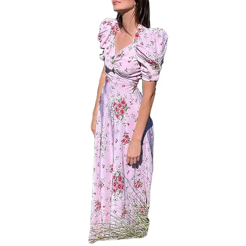Women's Maxi Summer Bohemian Dresses Casual Long Dress Stock New Ins Short Puff Sleeve Floral Print Hepburn Style French Dress
