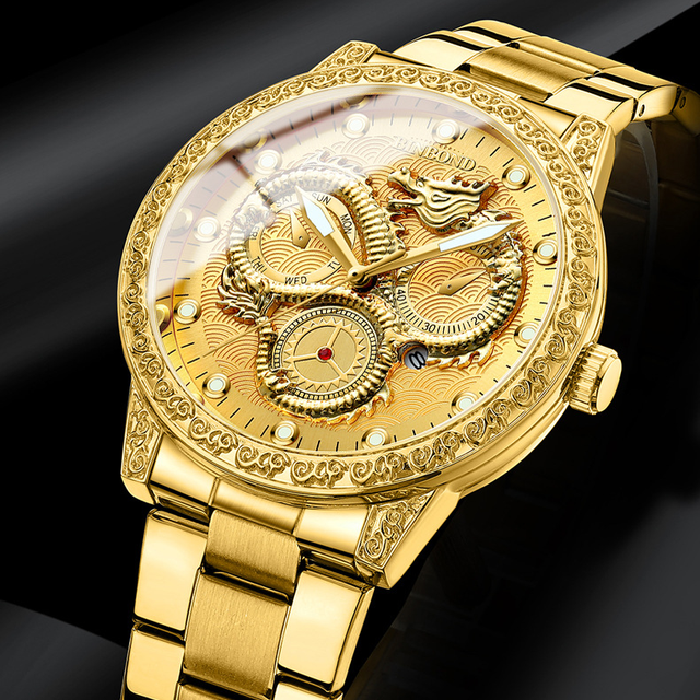 Binbond B3030 3030 Big Dial Luminous Calendar Waterproof Stainless Steel Leather Gold Design Men's Quartz Wrist Watches for Men