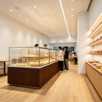 Hochwertige Multifunktionale Bäckerei-Brotvitrine LED Luxuriöse Gebogene Holz-Aluminium-Vitrine Kommerzielle Einzelhandels-Ausstellungsvitrine