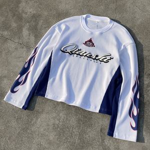 Camisetas de Moda con Hombros Caídos y Estampado Patchwork para Hombre, Diseño Personalizado, Estampado Waffle Puff, Manga Larga, Talla Grande - Product Image 1