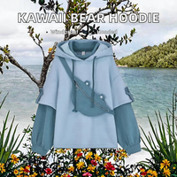 Sweat à capuche oversize pour femme à manches longues, en coton imprimé, avec badge et pompon, motif esthétique Ours Anime, effet délavé à l'acide, tissu personnalisé, collection automne