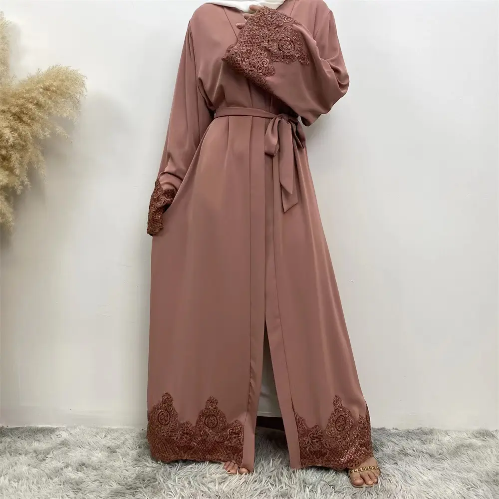 Tren baru Applique renda Abaya Lengan longgar Dubai mode Abayas terbuka depan dengan sabuk 5 warna