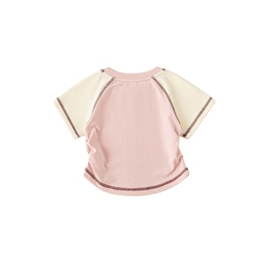 Abbigliamento per Bambini, Nuova T-Shirt Estiva per Bambine <span class=keywords><strong>con</strong></span> Maniche Corte Raglan in Cotone, Stampa a Blocchi di Colore <span class=keywords><strong>con</strong></span> Fiocco e Righe - Product Image 2