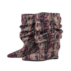 Bottines souples femmes Plaid Denim surdimensionné <span class=keywords><strong>large</strong></span> <span class=keywords><strong>mollet</strong></span> bout pointu sculptural talon compensé Grunge Style occidental - Product Image 1