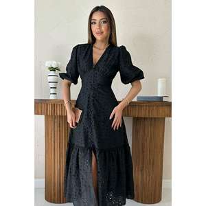 Robe décontractée noire en gros avec détails froncés et broderie en dentelle - Product Image 3
