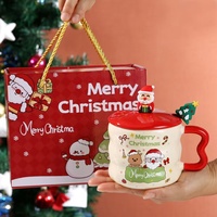Ensemble de tasses en céramique de Noël avec couvercle 3D Père Noël, renne, bonhomme de neige, sapin de Noël, tasse à café avec cuillère, boîte cadeau de Noël, vaisselle de fête