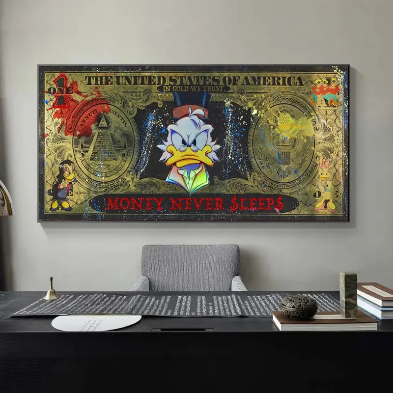 Living Room Home Decoration Cartoon Duck Series Never Sleep Canvas Painting HD Print Poster pop wall art money dollar