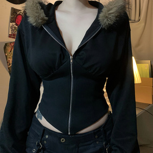 Casacos com Capuz de Inverno Gótico Escuro com Gola de Pele Sintética, Casacos Femininos Casuais com Zíper e Cintura Ajustada, Jaquetas Góticas Chiques para Streetwear - Product Image 1
