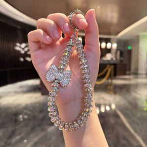 Y2K Luxury Glitter Crystal Bowknot Bow Keychain Bling Pearl Beads Chain Wrist Short Lanyard with Clip Mobile Phone Case Ornament