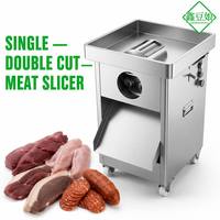Mesin Pengiris Daging Vertikal dengan Pisau Lepas Pasang, Potongan Tunggal/Ganda, Baki Pengumpan Stainless Steel, Chute, untuk Prosciutto dan Picanha