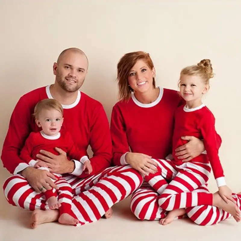 परिवार मिलान संगठन कपड़े क्रिसमस पजामा अभिभावक बच्चे पूर्ण आस्तीन लाल सफेद, हरे धारी परिवार क्रिसमस पजामा 2021