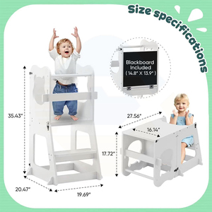 Tour d'apprentissage en bois pliable pour tout-petits, tabouret multifonctionnel pour bébé avec tableau noir et barreaux de sécurité - Product Image 2