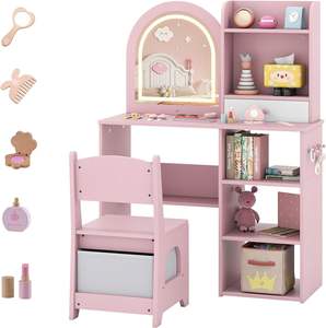 <span class=keywords><strong>Table</strong></span> de maquillage rose en <span class=keywords><strong>bois</strong></span> pour enfants avec étagères de rangement pour chambre <span class=keywords><strong>à</strong></span> coucher, coiffeuse pour fillette avec miroir et lumières - Product Image 1