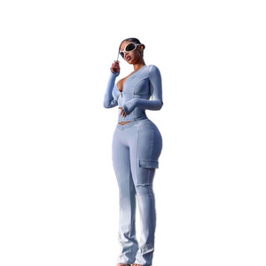 KY <strong>Women's</strong> Tight Stretch Denim Matching Set Zipper <strong>Jacket</strong> and <strong>Cargo</strong> Pants Y2K Casual Co-ords - Product Image 2