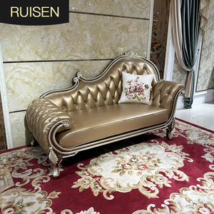 <span class=keywords><strong>Chaise</strong></span> <span class=keywords><strong>Longue</strong></span> de Madera Maciza Francesa con Tapicería de Cuero, Mueble de Lujo Europeo Tallado para Villa, Silla Escultórica para Sala de Estar Elegante - Product Image 1