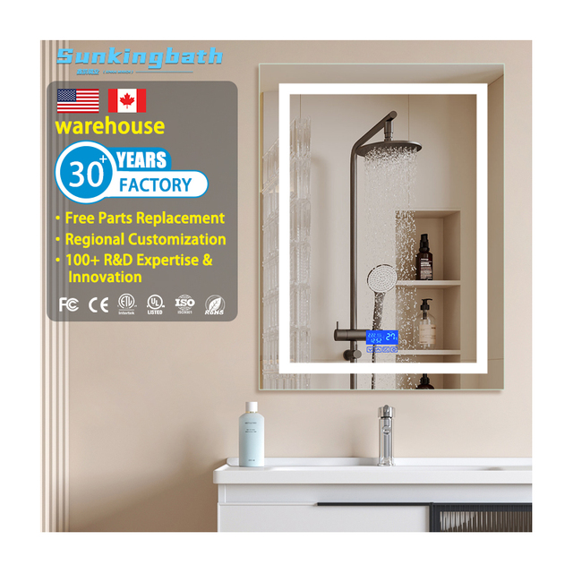 Tempered Glass LED Bathroom Mirror Bluetooth Smart Mirror with Light Anti-Fog Waterproof IP44 Dimmable for Vanity Decor