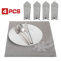 OWENIE flocons de neige paillettes de soie argent brodées décoration de table de dîner tissu personnalisé serviettes de noël ensemble de 4
