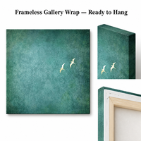 Toile carrée faite à la main avec motif de grue, verte, minimaliste, non encadrée, enroulée sur châssis, vente en gros de peintures et d'œuvres d'art murales, style Wabi Sabi pour la décoration intérieure