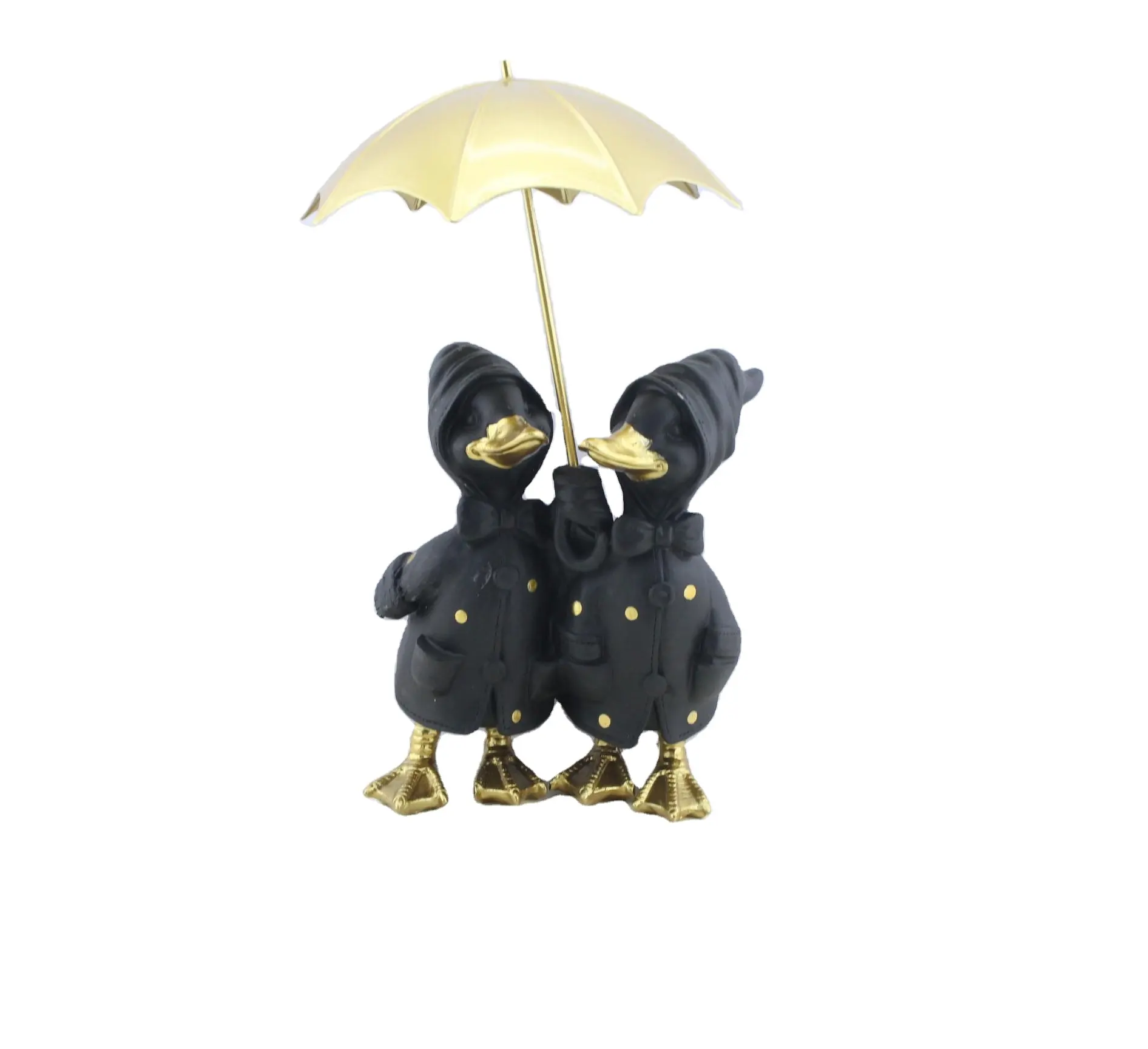 Resin Craft Black Paar Ente mit Gold Standing Hold an Umbrella Home Skulptur Tier figur Großhandel Garten dekoration